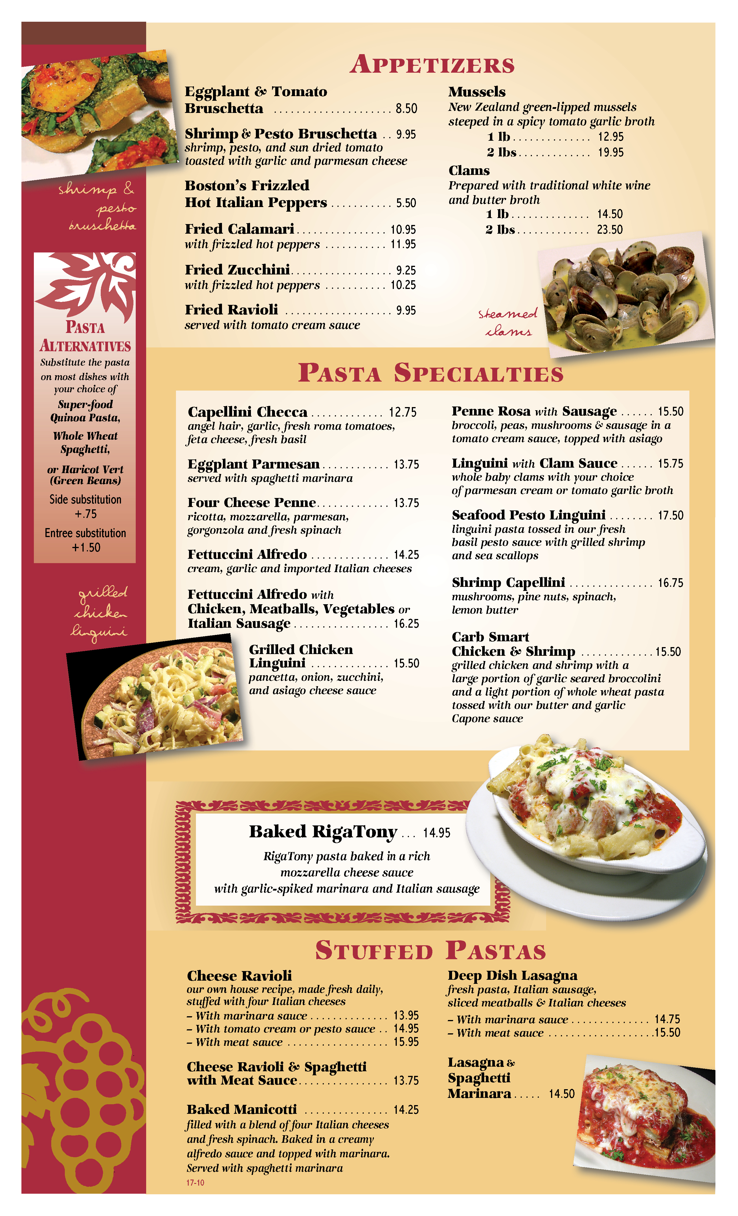 Dinner Menu Italian Restaurant Tempe Rigatonys Authentic Italian