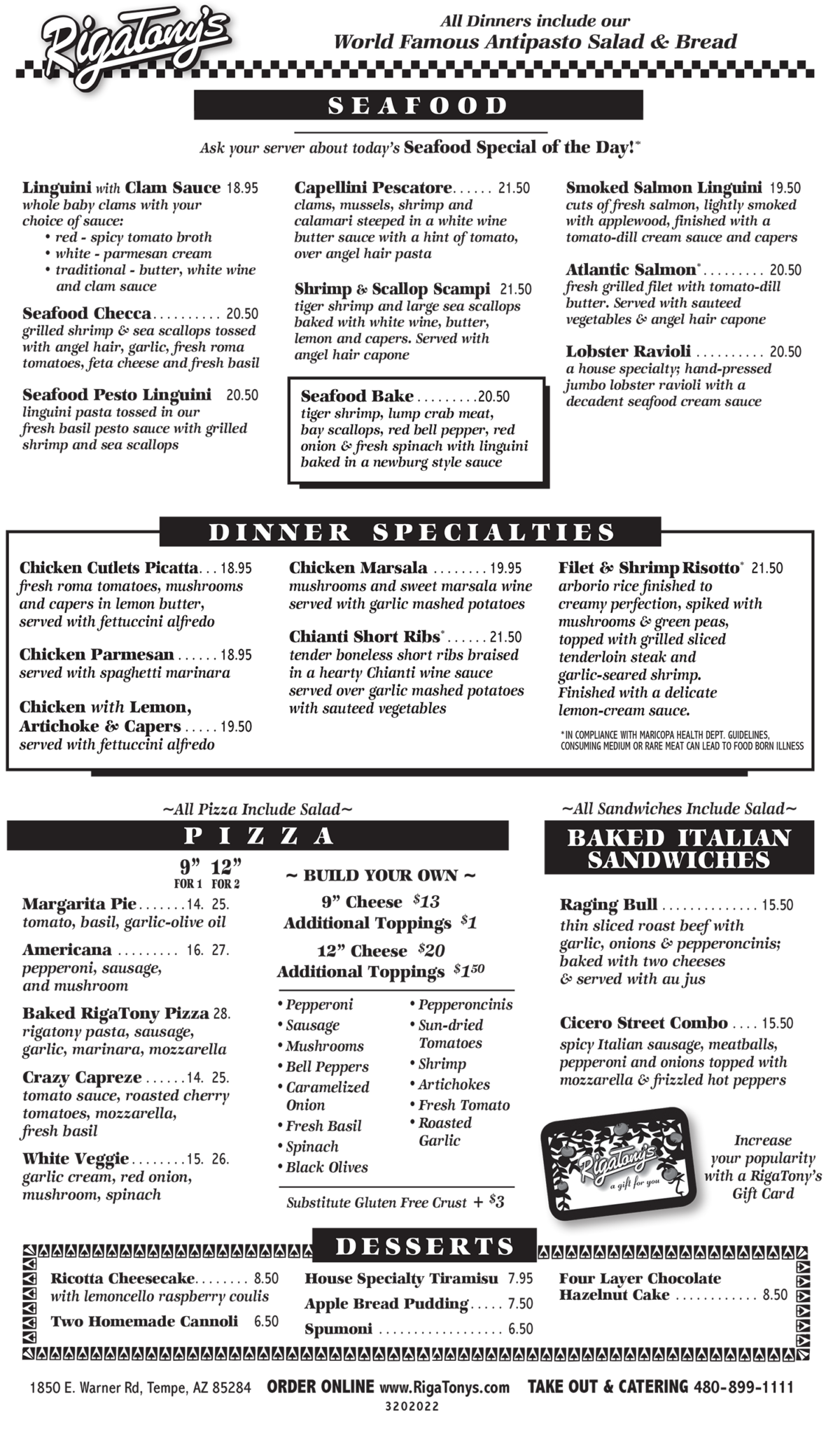 Dinner Menu – Italian Restaurant Tempe | Lunch & Dinner in Tempe