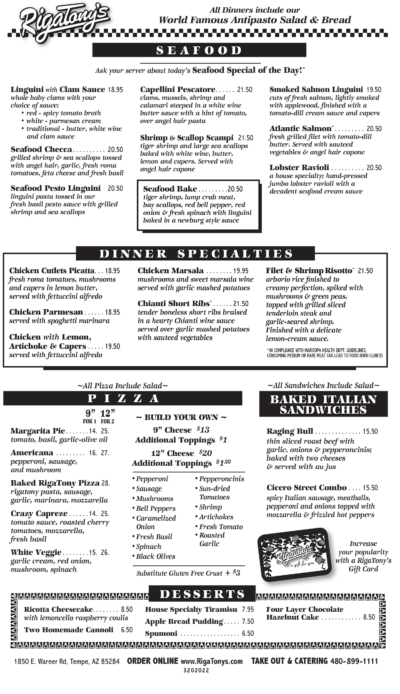 Dinner Menu – Italian Restaurant Tempe | Lunch & Dinner in Tempe